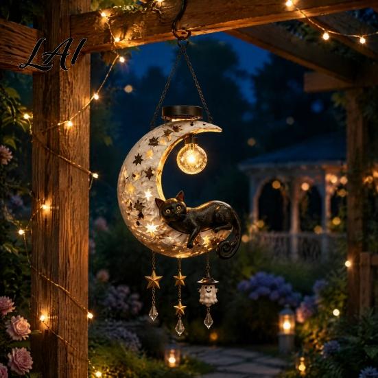 Outdoor Solar Hanging Lights Owl/Cat Moon Light Garden Wind Chime with LED Patio Decorative Accessories Waterproof Resin Lamp Auto On/Off