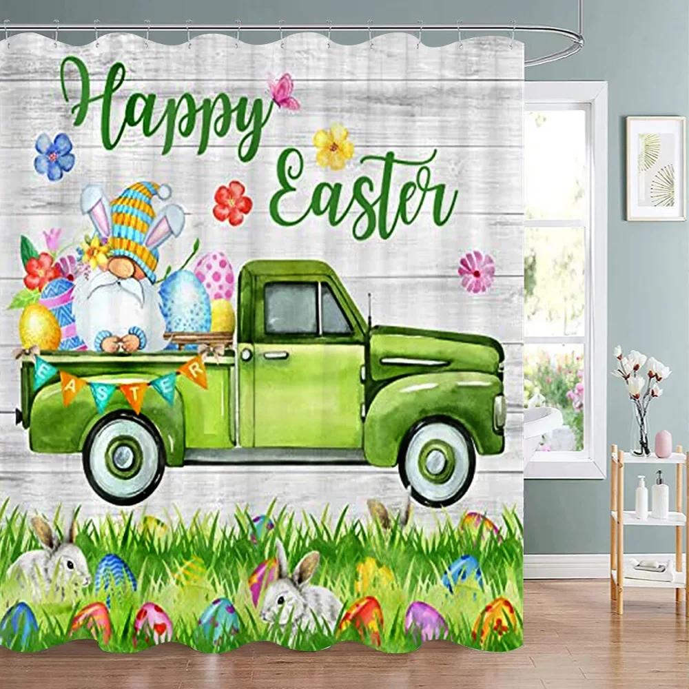 Happy Easter Bunny Shower Curtain Farm Truck Bunny Eggs Butterfly Elf Washable Polyester Fabric Hanging Curtains Bathroom Decor