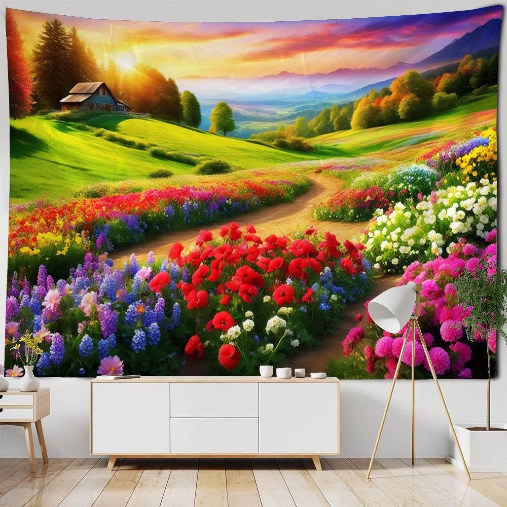 Colorful Landscape Illustration Tapestry Wall Art Decoration Dreamy Forest Mountain Bedroom Living Room Hippie Home Decoration