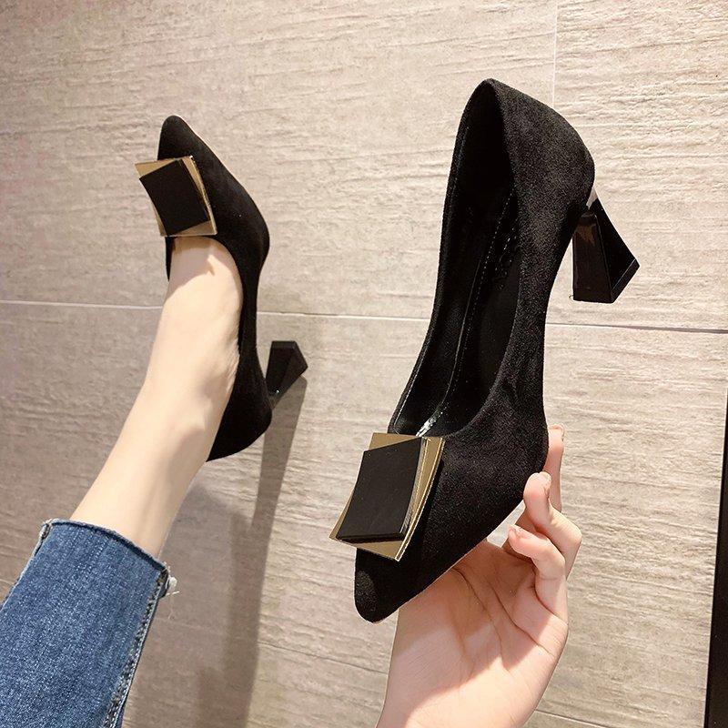 Pointed Suede Fashion Single Shoes Women's Autumn New Square Buckle Versatile High Heels Thick Heel