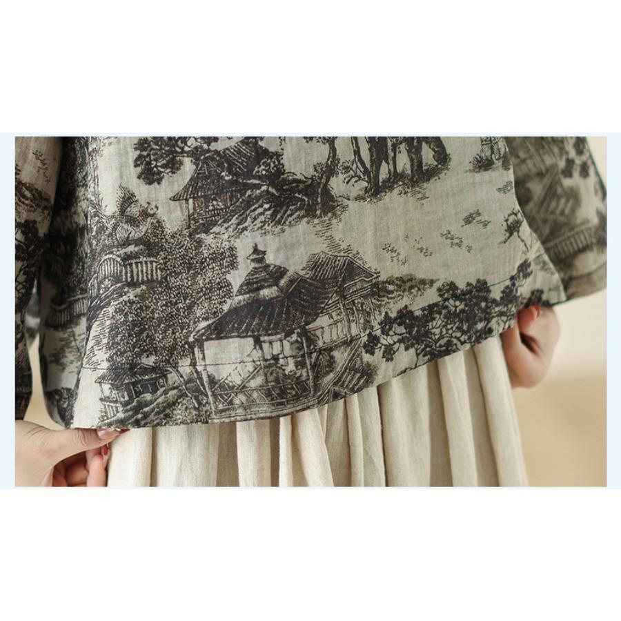 Top z ramie ve stylu čínského límce se šikmým zapínáním, China-Chic orientální potisk, košile s širokými rukávy, dámská letní