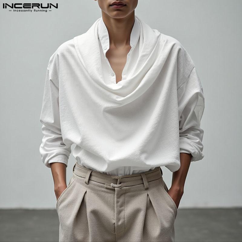 INCERUN Camicie Top Casual Larghe a Maniche Lunghe con Bottoni e Collo a Bavero da Uomo
