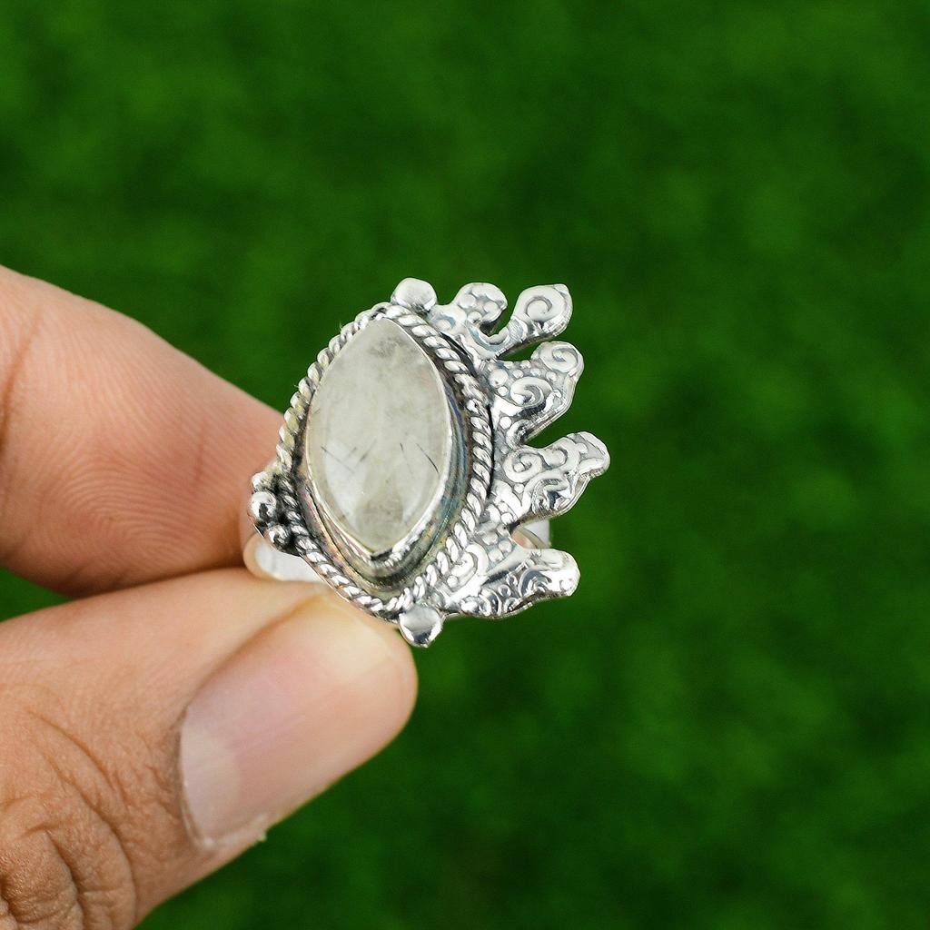 Wedding Gift For Her 925 Silver Natural Black Rutile Stackable Adjustable Ring