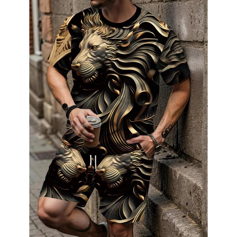 Men's Summer Set Fashion Wolf Print Short Sleeve + Shorts 2 Piece Set Animal Pattern Casual Quick-Dry Men's Summer Sports Set