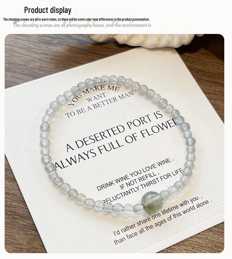 Qiaoen Women's Crystal Bracelet: Gray Moonstone, Strawberry Quartz & Green Rutilated Quartz, Extremely Fine 3mm Beads, Unique Niche Design