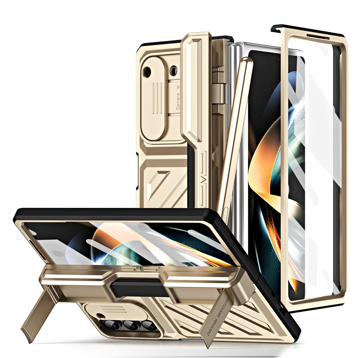 

Для Samsung Galaxy Z Fold5 5G Чехол для телефона с защитой камеры-слайдера, Жесткий ПК, Подставка, Чехол с пленкой из закаленного стекла/стилусом Gold