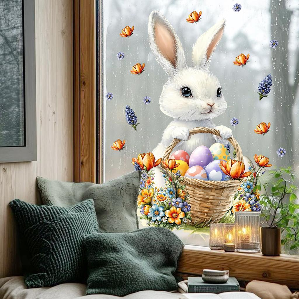 Cute Cartoon Easter Bunny Eggs Butterflies Static Cling Window Stickers No Glue Removable for Bedroom Living Room Study Holiday Decor