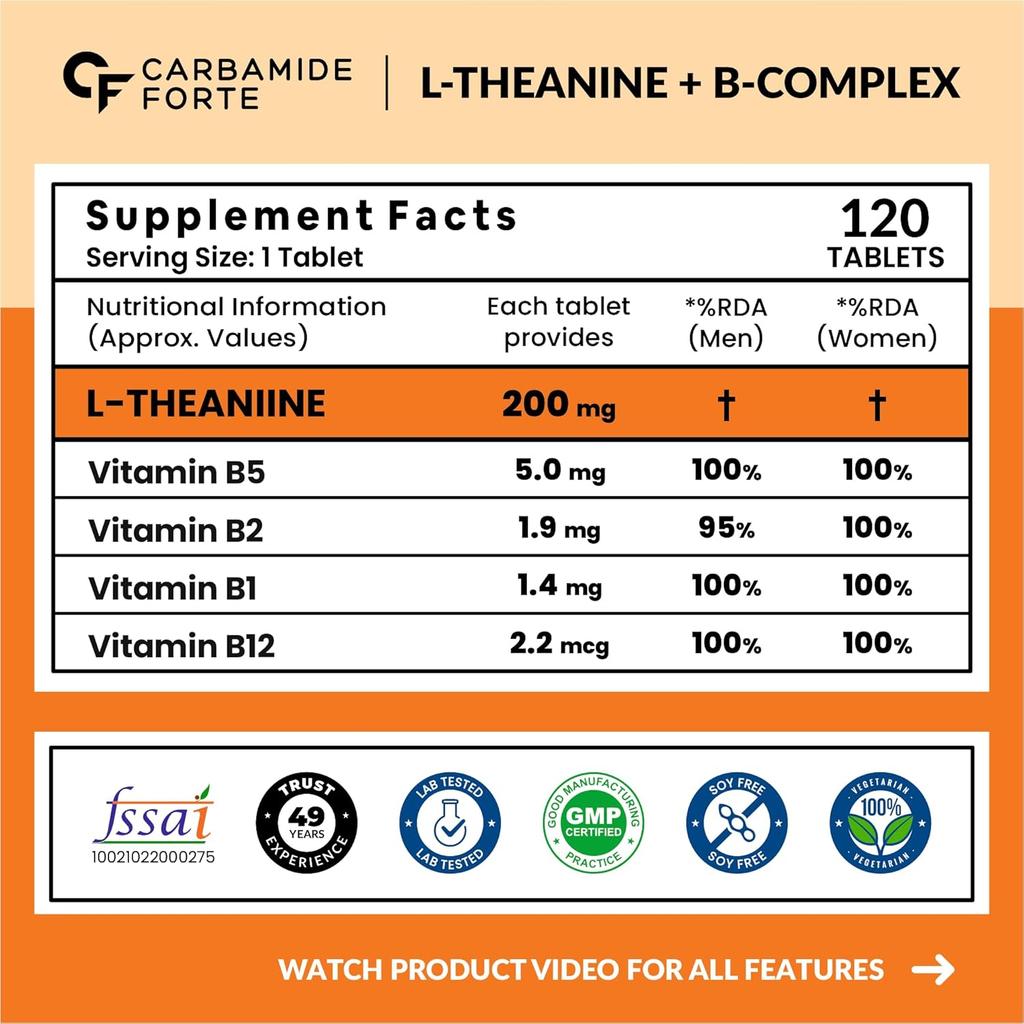 Carbamide Forte L Theanin 200mg mit Vitamin B-Komplex 120 Veg-Tabletten für Fokus Energie Stimmung Entspannung