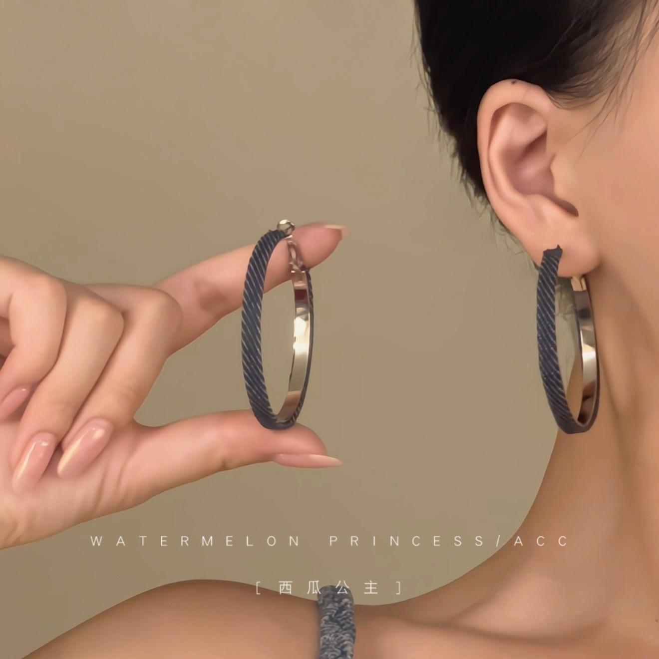 

Plain ring ear buckle female design sense denim style earrings square face ear