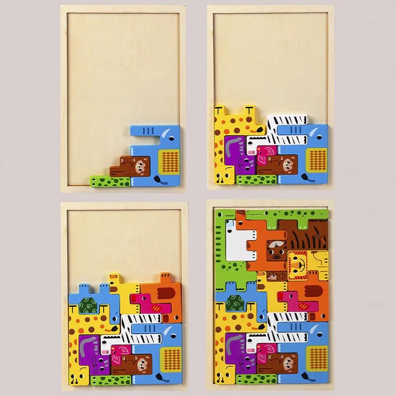 Montessori Animal Characters Transportation Wooden Puzzle Russian Blocks Cute Animals Puzzle Toys for Kids Early Learning