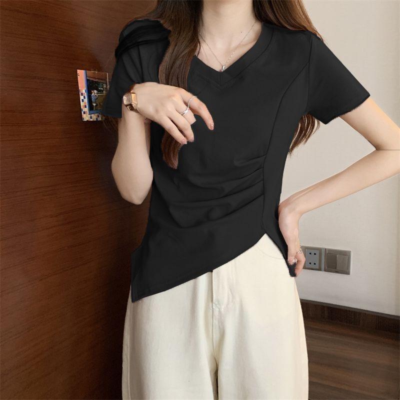 Women's V-neck Short Sleeve T-shirt Casual Slim Fit Side Ruched Solid Color Summer Top