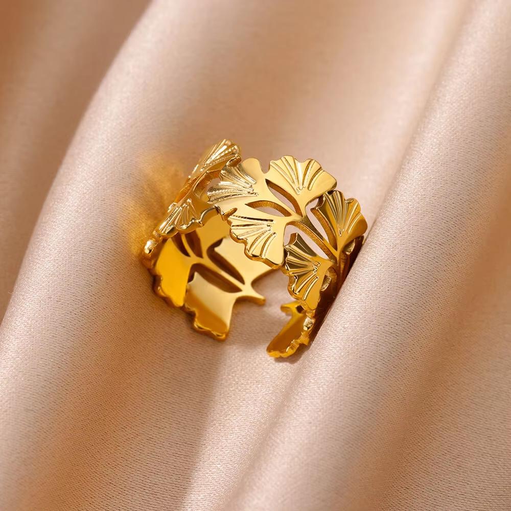 Stainless Steel Hollow Flower Open Rings For Women Stainless Steel Gold Color Wedding Ring Couple Aesthetic Jewelry Party Gift