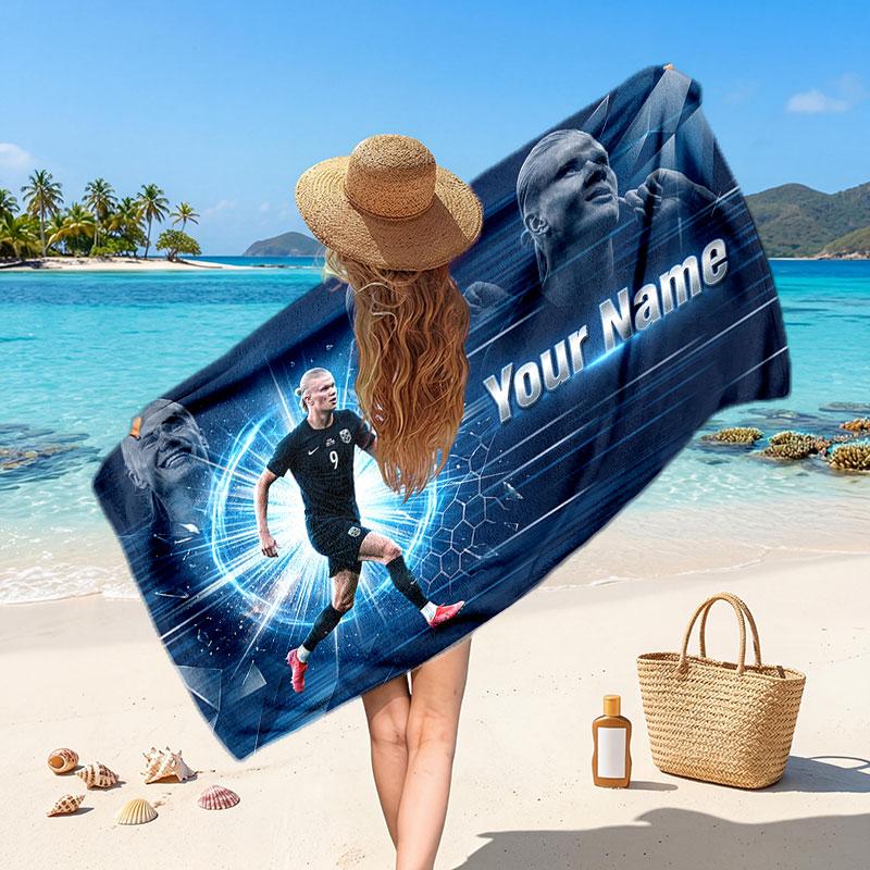 Erling Haaland Benutzerdefiniertes Strandtuch, Personalisierter Namens-Textdruck, Fußball-Logo Weiches Schnelltrocknendes Handtuch Urlaubsgeschenk