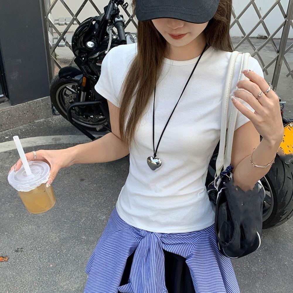 

Slim Fit Y2K Crop Top Women Korean Style Basic Tees Shirts Casual Short Sleeve T-shirt Girls M білий