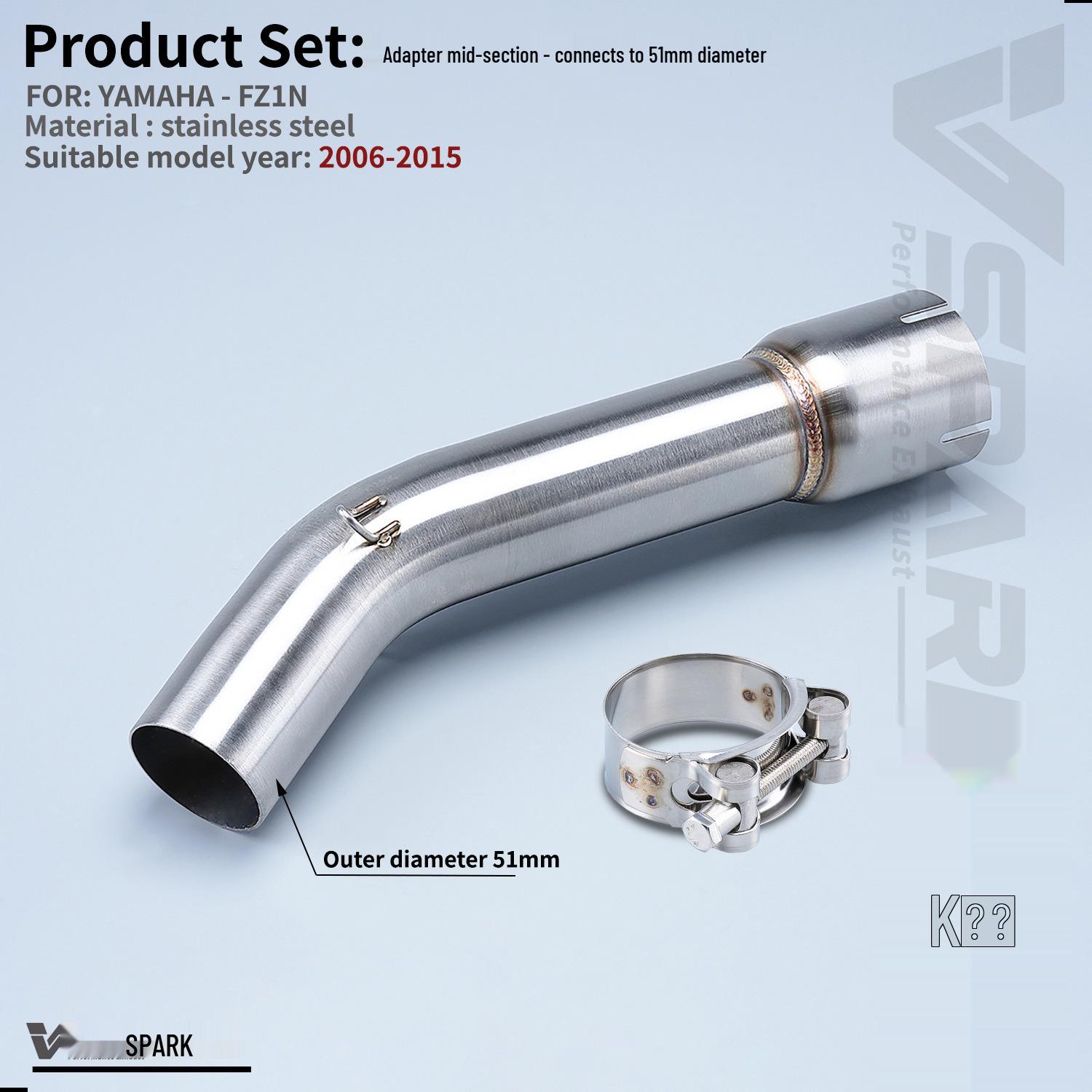Yamaha FZ1N Exhaust Adapter: Connects Mid-Section to 51mm Tail, Non-Destructive Modification.