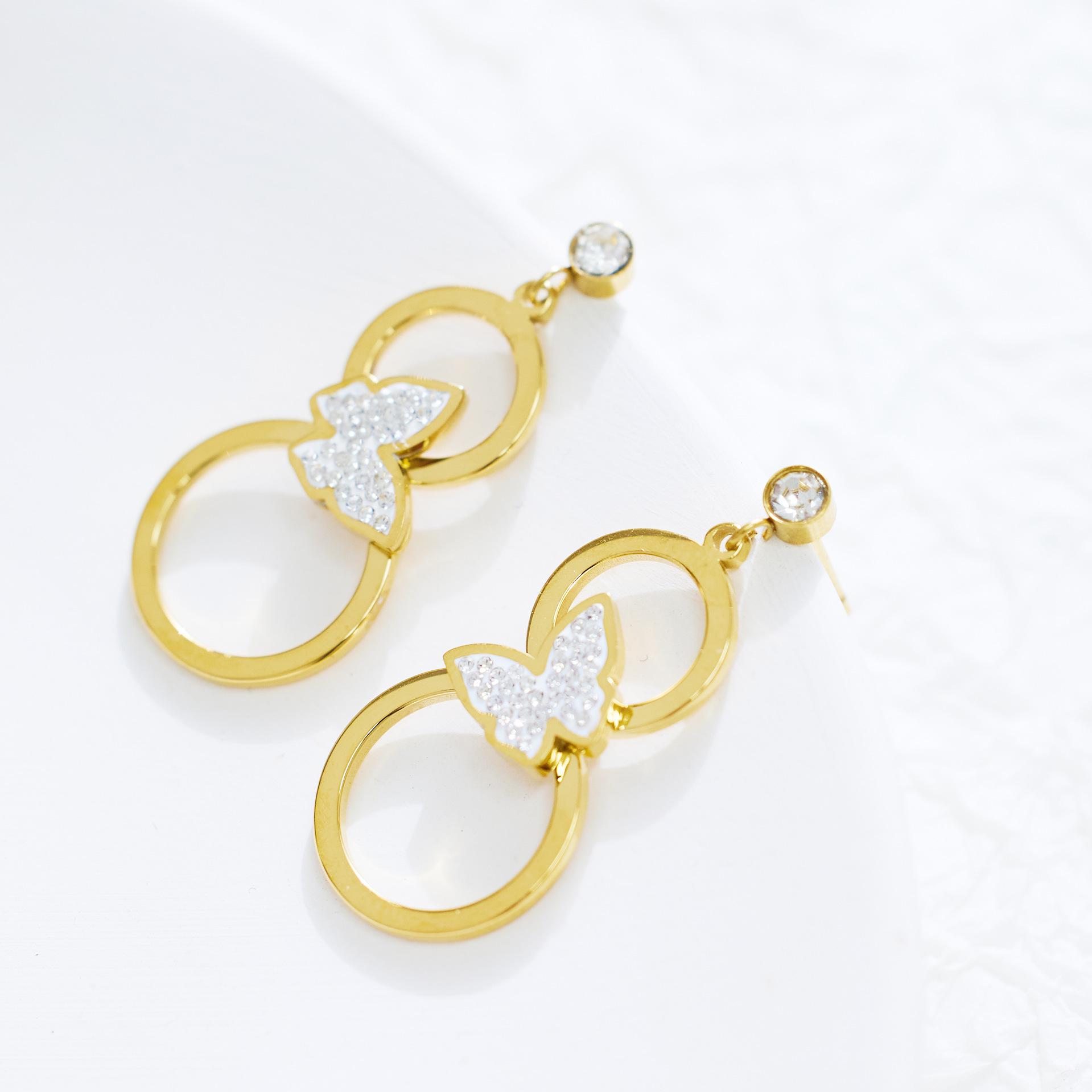 18K Gold-Plated Geometric Retro Studs, Diamond-Inlaid Earrings, Versatile Butterfly Titanium Steel Long Earrings