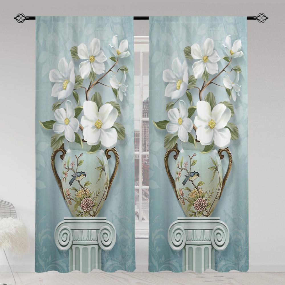 Sunflower Vase Printed Drapes , Rod Pocket Windowpane Treatment for Girls Bedchamber , Office , Kitchen ,LivingroomSpace,HouseholdDecoration
