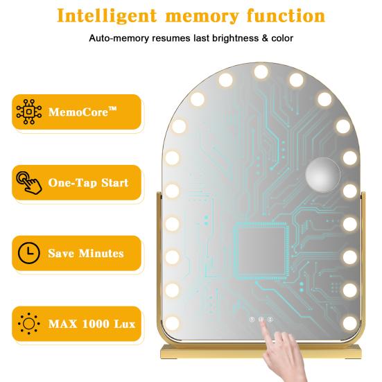Arch Mirror Vanity with 17 LED Lights, Curved Table Top Makeup Mirror, Anti-Glare Protective Coating Rotatable Base 10x Magnifying Glass, Touch