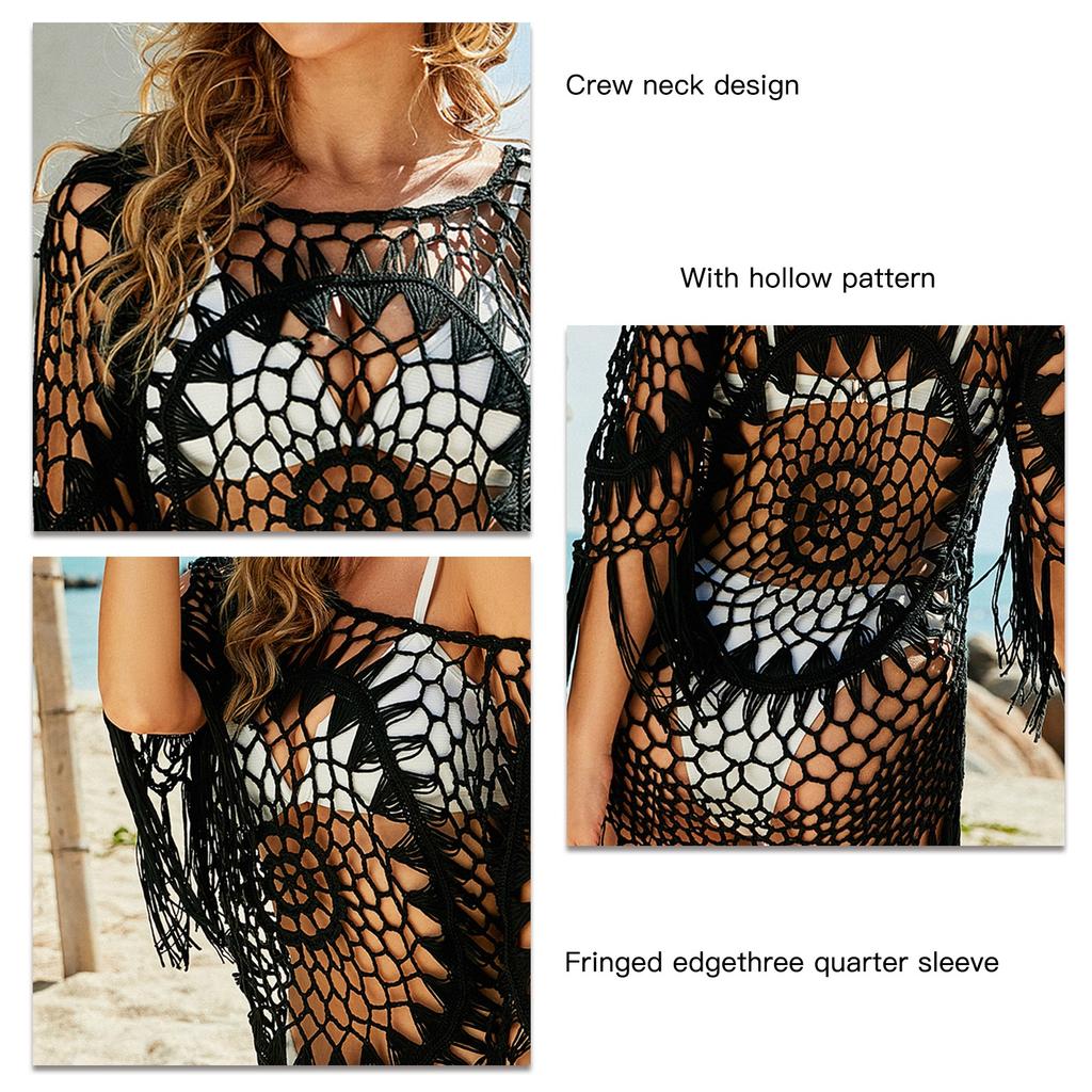 Wydrążone okrycie z frędzlami dla kobiet, okrągły dekolt, rękaw trzy czwarte, jednolity kolor, miękkie okrycie dla