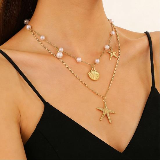 Double Layer Shell Pendant Necklace Lightweight Hypoallergenic Women Faux Pearl Starfish Charm Layered Chain Necklace Ocean Beach Neck Jewelry