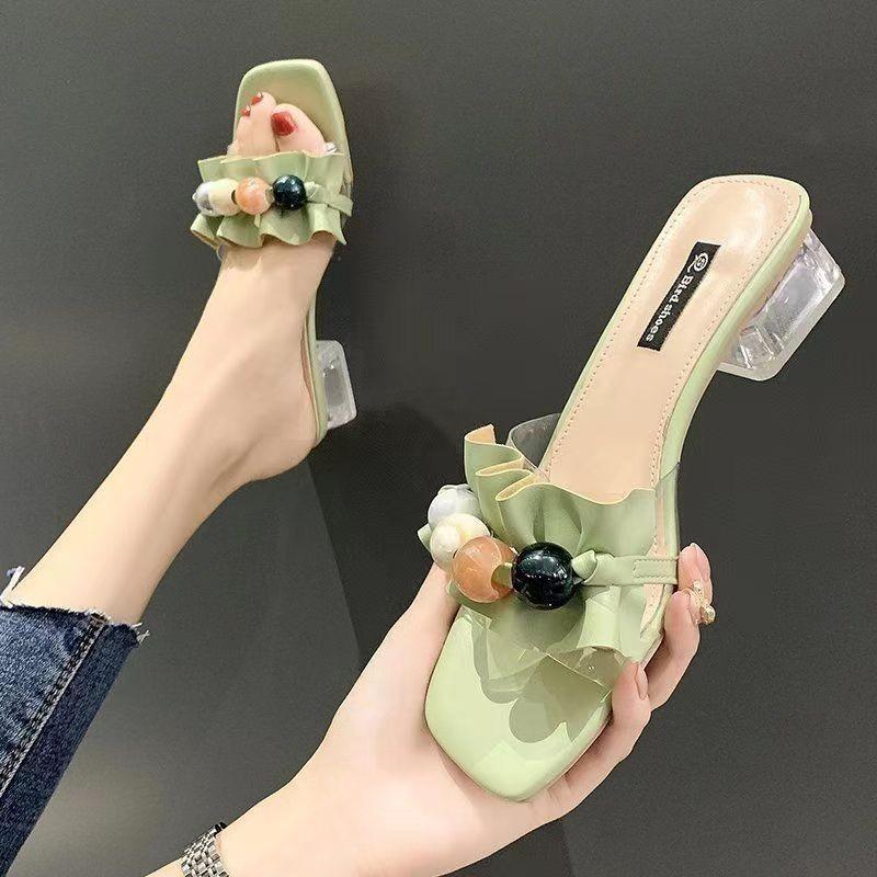 Ciabatte di Cristallo - Scarpe da Donna con Tacco Spesso e Punta Quadrata, Sandali con Tacco Alto