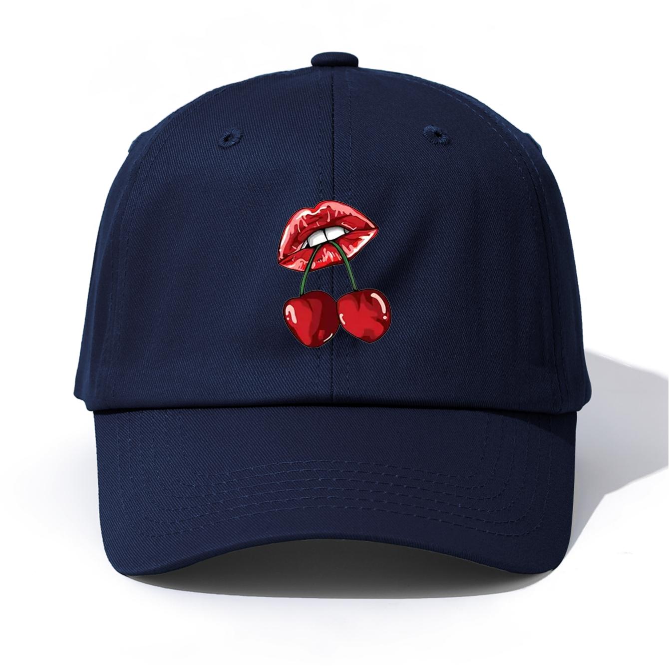 

1pc LIP&CHERRY Print Baseball Cap for Adults, Minimalist Retro Style Casual Soft Adjustable Dad Hat, Perfect As Gift темно-синього кольору