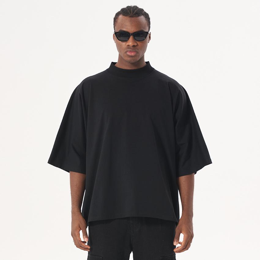Men's Trendy American Street Style Heavyweight Loose Fit Pure Cotton T-Shirt, Plus Size, Short Sleeve, Small Collar