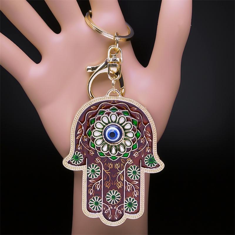 Islam Hand of Fatima Turky Blue Eyes Keychain Lucky Eye Hamsa Hands Flower Keyring Pendant Men Women Jewelry Chaveiro Para Carro