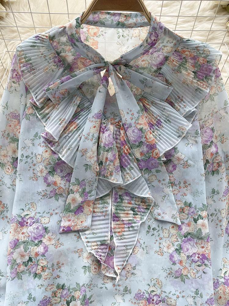 Damen Frühlingsbluse Elegantes Hemd mit Schleifenkragen Patchwork Plissierter Rüschenrand Slim Fit Oberteile Französischer Stil Puffärmel Lässige Bluse