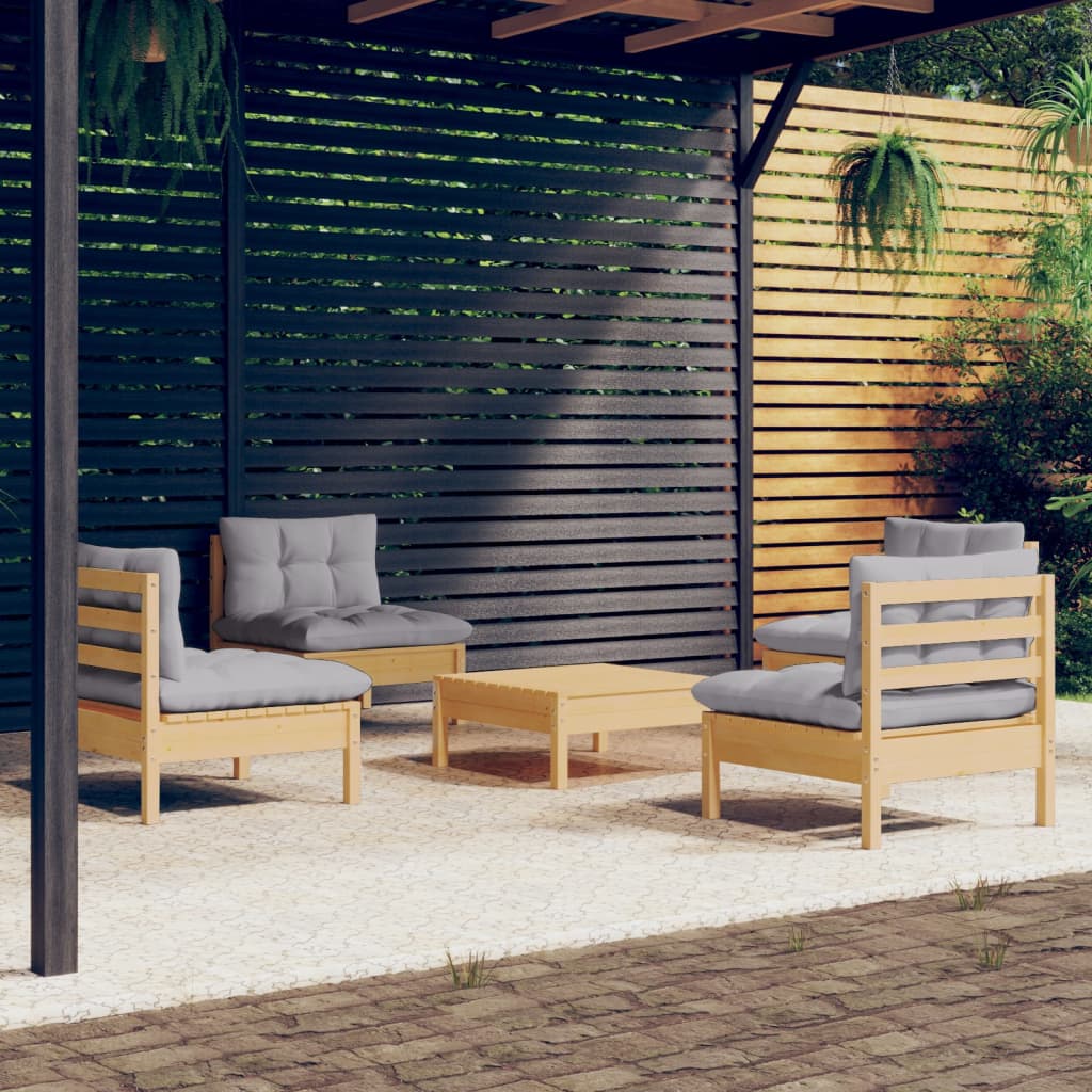 Vidaxl 5-Cz. Garden Lounge Set, Grey Cushions, Pine