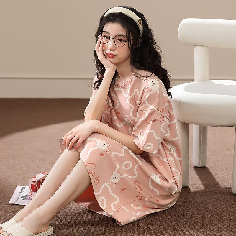 Girls' Summer, Spring and Autumn Short-sleeved Home Wear with Cute Cartoon Designs and Loose Style Pajamas and Nightgowns