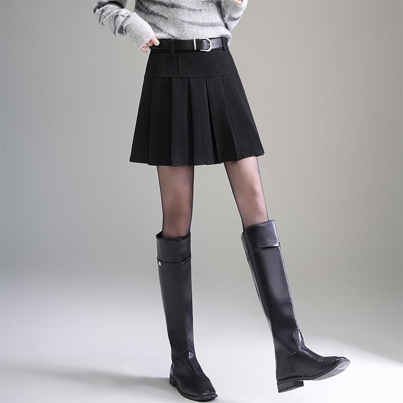 Women's 2025 Autumn/Winter High-Waisted Pleated Wool A-line Mini Skirt