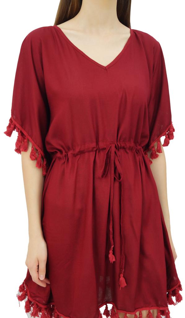 Bimba Women's V Neck Tassel Kaftan Short Rayon Caftan Designer Beachwear Coverup