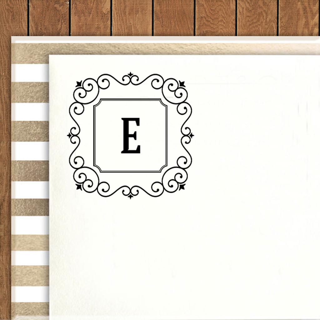 Printtoo Alphabet E Monogram Initial Square Swirl Border Self Inking Rubber Stamp Office