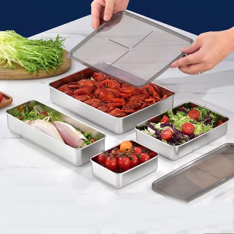304 Stainless Steel Food Storage Tray Fresh-keeping Box with Sealed Lid Sausage Fruit Dish Frozen food Organizers Food Container