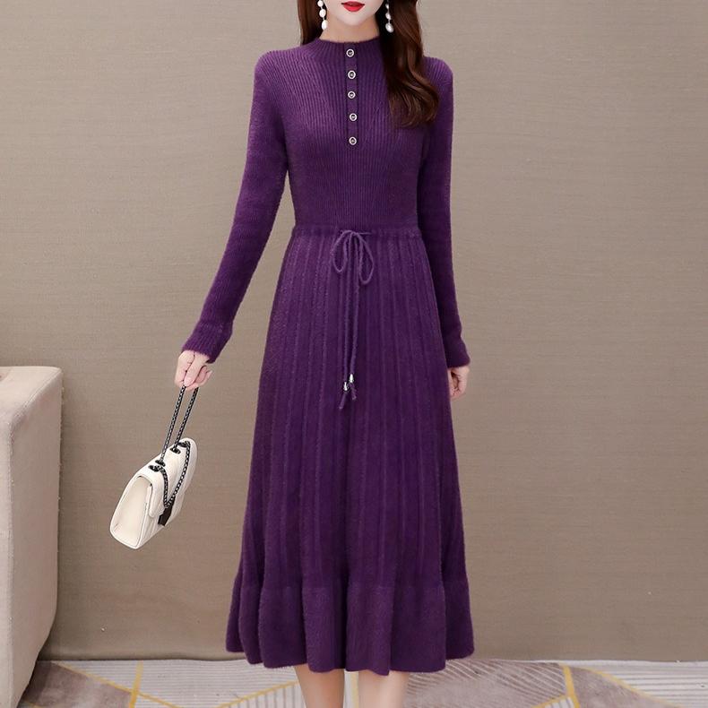 Women's Mink-proof Knitted Dress Loose Solid Color Mid-length Sweater Dress Knee-length Fishtail Dress for Autumn and Winter