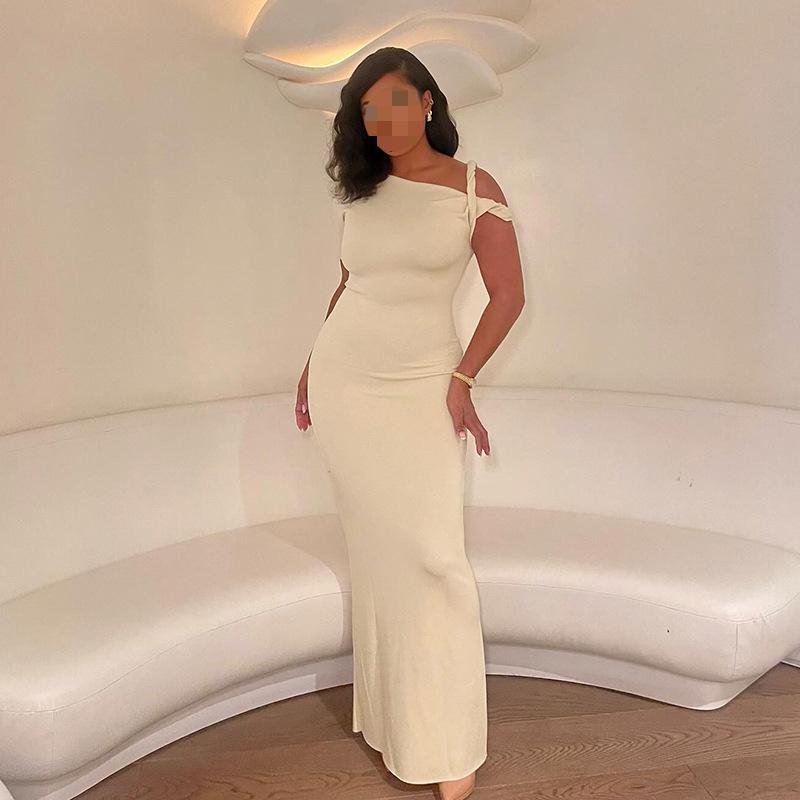 European and American Summer Slanted Shoulder Single Shoulder Twisted Slim Fit Solid Color Dress