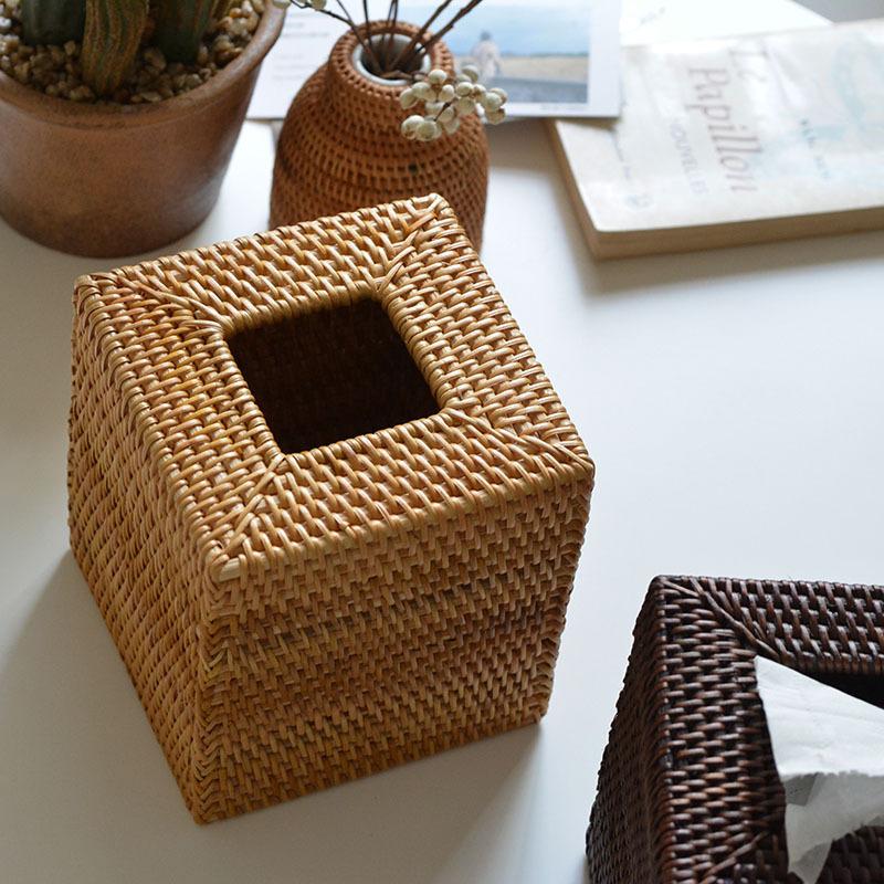 Vintage Rattan Tissue Box Square Creative Handmade Rattan Weaving Paper Box Living Room Desktop Decoration Hotel Room Ornaments