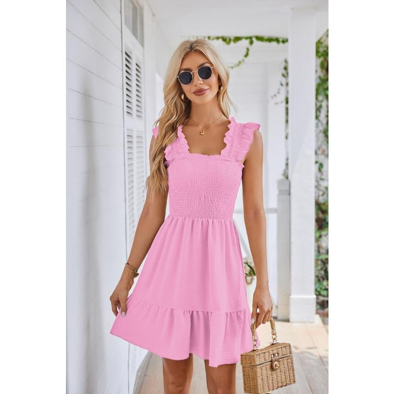 Sommerkleid für Damen, ärmellos, quadratischer Ausschnitt, plissiert, rückenfrei, kurze Minikleider XL rosa
