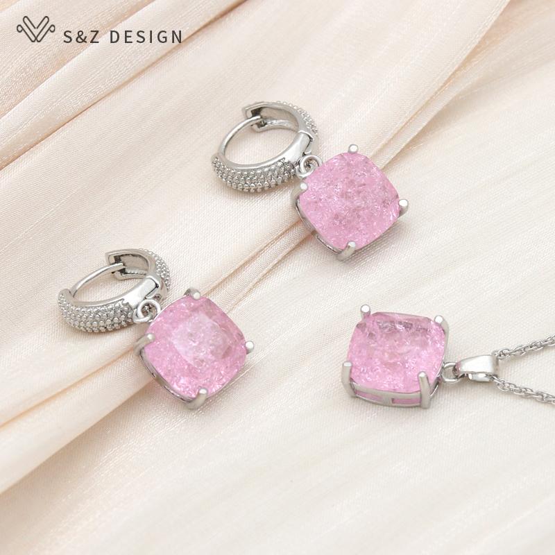 Boucles d'oreilles carrées en cristal, couleur or Rose, ensembles de bijoux pour femmes, pendentif de tempérament de mariage, collier cadeau