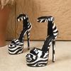 Neue Mode Zebrastreifen Super Stiletto Hohe Absätze Damensandalen Street Style Schnallenriemen Nachtclub Abschlussball Schuhe