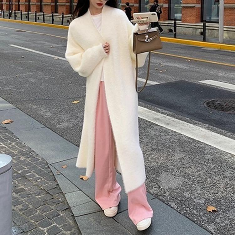 White Long Cardigan for Women Winter Clothes Knitted Fluffy Long Sleeve Cashmere Sweater Coat Korean Style Warm Vintage