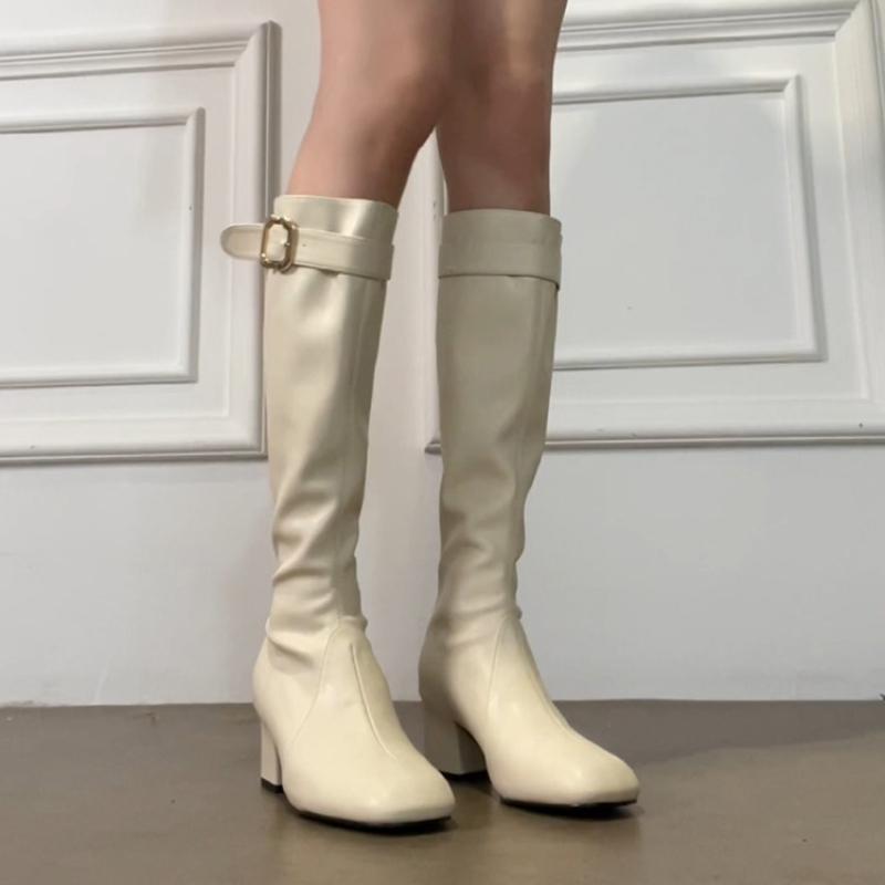 Winter Stretch Slim Women Knee High Boots Fashion Square Toe Belt Buckle Shoes Ladies Thick Heel Knight Long Booties