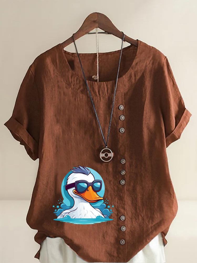 Women's Fashion Cool White Duck Print Casual Cotton Linen Short Sleeve Round Neck T-shirt Shirt Leisure Loose Summer Blouse Tops