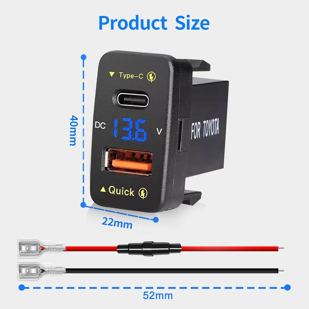 Levigo Car Charger Dual 18W USB PD+QC3.0 Fast Charge for Toyota, Type C USB Car Power Socket with LED Voltmeter Display, Compatible with 12/24V