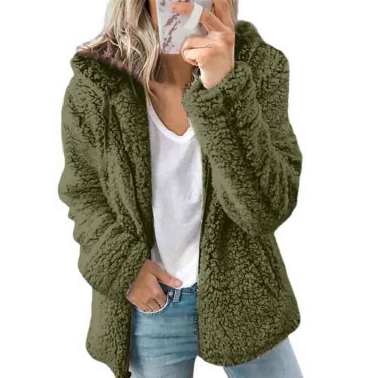 Warme Damen Sherpa Jacke mit Kapuze Fleece Mantel Freizeit Einfarbig Plüsch Reißverschluss Winddicht Herbst Winter Strickjacke