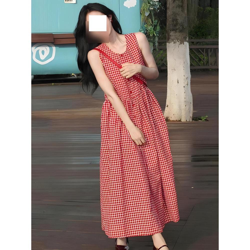 Red plaid sleeveless vest dress new loose single-breasted lazy style long dress women's summer elegance
