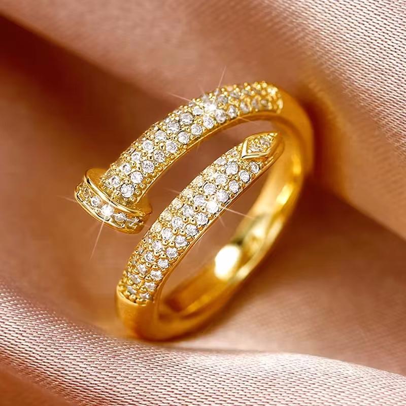 14K Real Gold Plating AAA+ Zircon Simple Snake Shaped Nail Open Ring Elegant Women Daily Workday Ring Party Jewelry