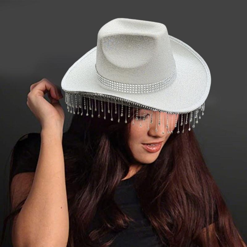Shimmering Rhinestones Fringed Hat for Women Men Music Festival Fedoras Hat with Large Brims Glittering Powder for Party