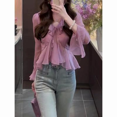 Women's Chiffon Ruffled Blouse Long Bell Sleeve V-neck Tie Front Elegant Sheer Casual Top